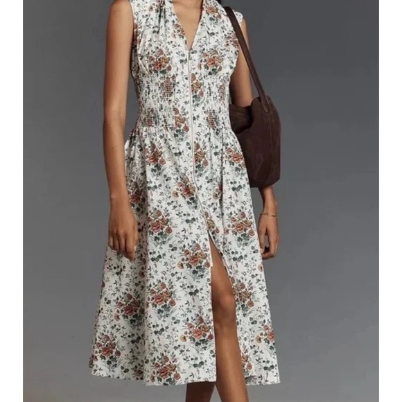 Anthropologie Tommie Zip Front Midi Dress NWT 3X Ivory Comb Floral Smocked Plus - Picture 2 of 16